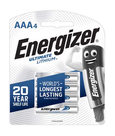 Energizer Lithium AAA batteries 4-pack, ultra-lightweight, 10x longer lasting, ideal for high-tech devices, shelf life 20 years.