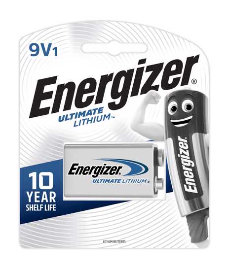 Energizer Lithium 9V battery, ultra-lightweight, 10x longer lasting, reliable power for high-tech devices, extreme temperature performance.