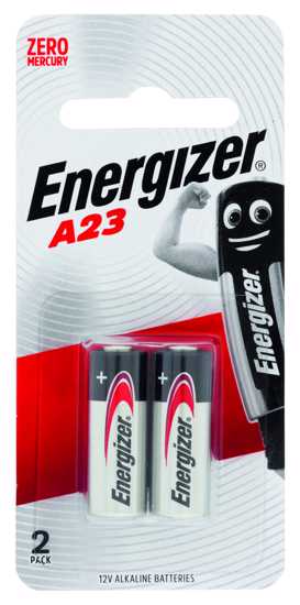 Energizer A23 2-pack alkaline batteries, ideal for keyless entry systems and high-performance electronics, mercury-free.