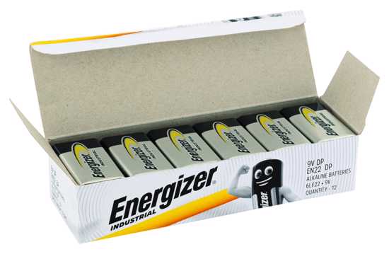 Energizer Industrial 9V bulk battery pack, 12 batteries for reliable power in devices like smoke alarms and microphones.