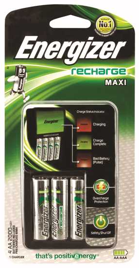 Energizer Maxi Charger with status indicator, overcharge protection, and includes 4 rechargeable 2000mAh AA batteries.