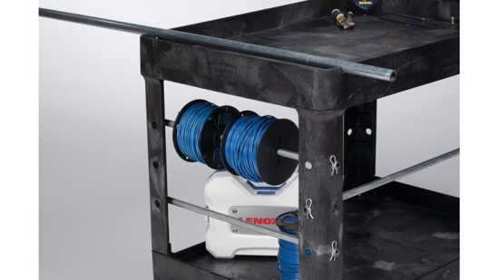 Heavy-duty black utility cart with lipped shelves, ergonomic handle, and large wheels for easy transport of up to 226 kgs.