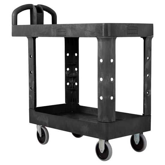 Heavy-duty black flat shelf cart with 226 kg capacity, non-marking casters, and storage compartments for efficient transport.