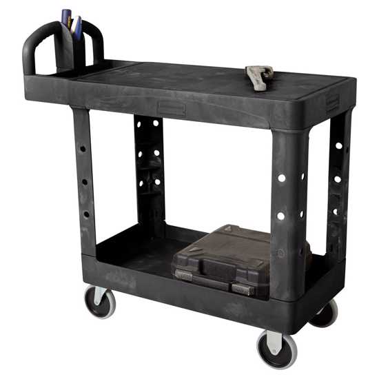 Rubbermaid Heavy Duty Black Flat Shelf Cart-Small with high-density foam, 226 kg capacity, 5" non-marking casters, and rounded corners.