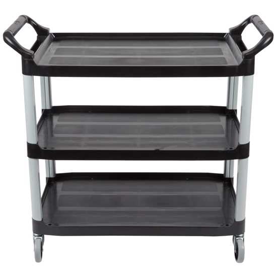 Rubbermaid 3 Tier Black Open Sided Utility Cart with durable shelves and swivel casters for easy transport and organization.