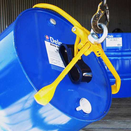 DrumGrab Drum Lifter in safety yellow, robust design for safe handling of 205-liter drums, holds up to 1000kg, self-centering feature.