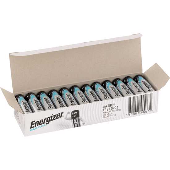 Energizer Max Plus Industrial AA batteries in a 24-pack, offering long-lasting power for various devices and a 12-year shelf life.