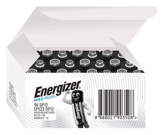 Energizer Max Plus Industrial 9V batteries - 12 pack, high-performance, long-lasting power for essential devices.