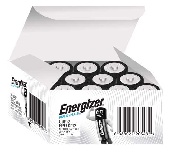 Energizer Max Plus Industrial C batteries in a 12-pack, offering long-lasting power for high-drain devices and essential gadgets.