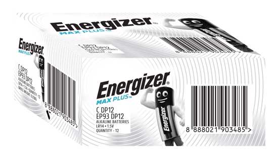 Energizer Max Plus Industrial C batteries, 12-pack, offering long-lasting power for high-drain devices and everyday use.