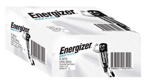 Energizer Max Plus Industrial D 12 pack, high-performance alkaline batteries for long-lasting energy in various devices.