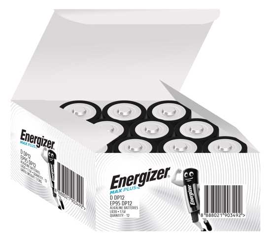 Energizer Max Plus Industrial D 12 Pack: High-performance alkaline batteries for reliable, long-lasting power in various devices.