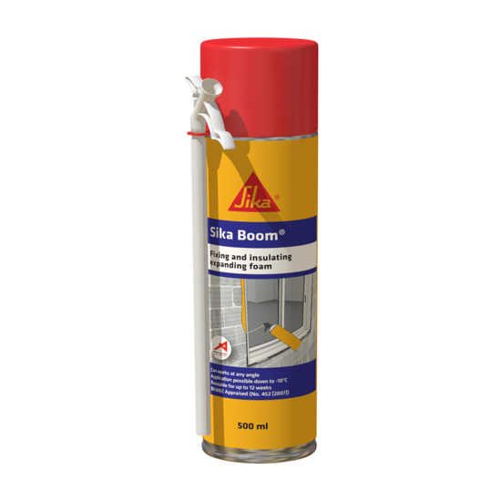 Sika Boom Expanding Foam 500ml, 1-component polyurethane foam for insulation and sealing, easy 360-degree application.