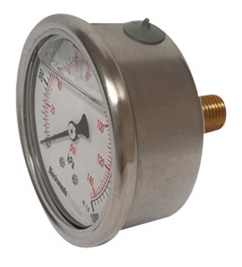 63mm stainless steel pressure gauge with dual scale, glycerine-filled, designed for heavy-duty industrial and irrigation use.