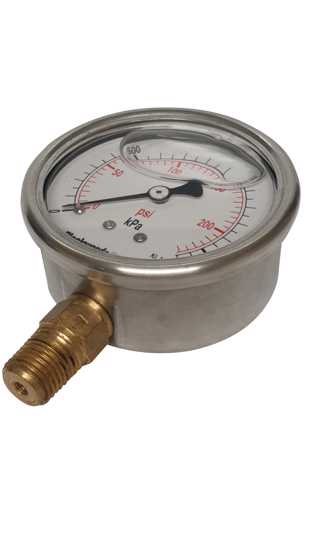 Stainless steel pressure gauge with 0-1600 kPa range, glycerine-filled, ideal for harsh environments and heavy-duty use.