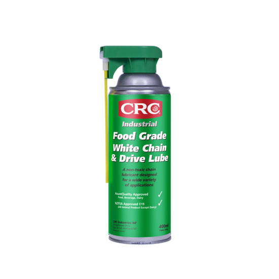 CRC 3100 Food Grade White Chain & Drive Lube aerosol can, ideal for safe lubrication of chains in food processing environments.