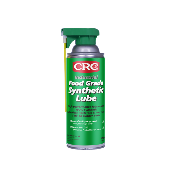 CRC 3362 Food Grade Synthetic Lube in a 400ml can, designed for high-temperature food industry lubrication and safe equipment care.