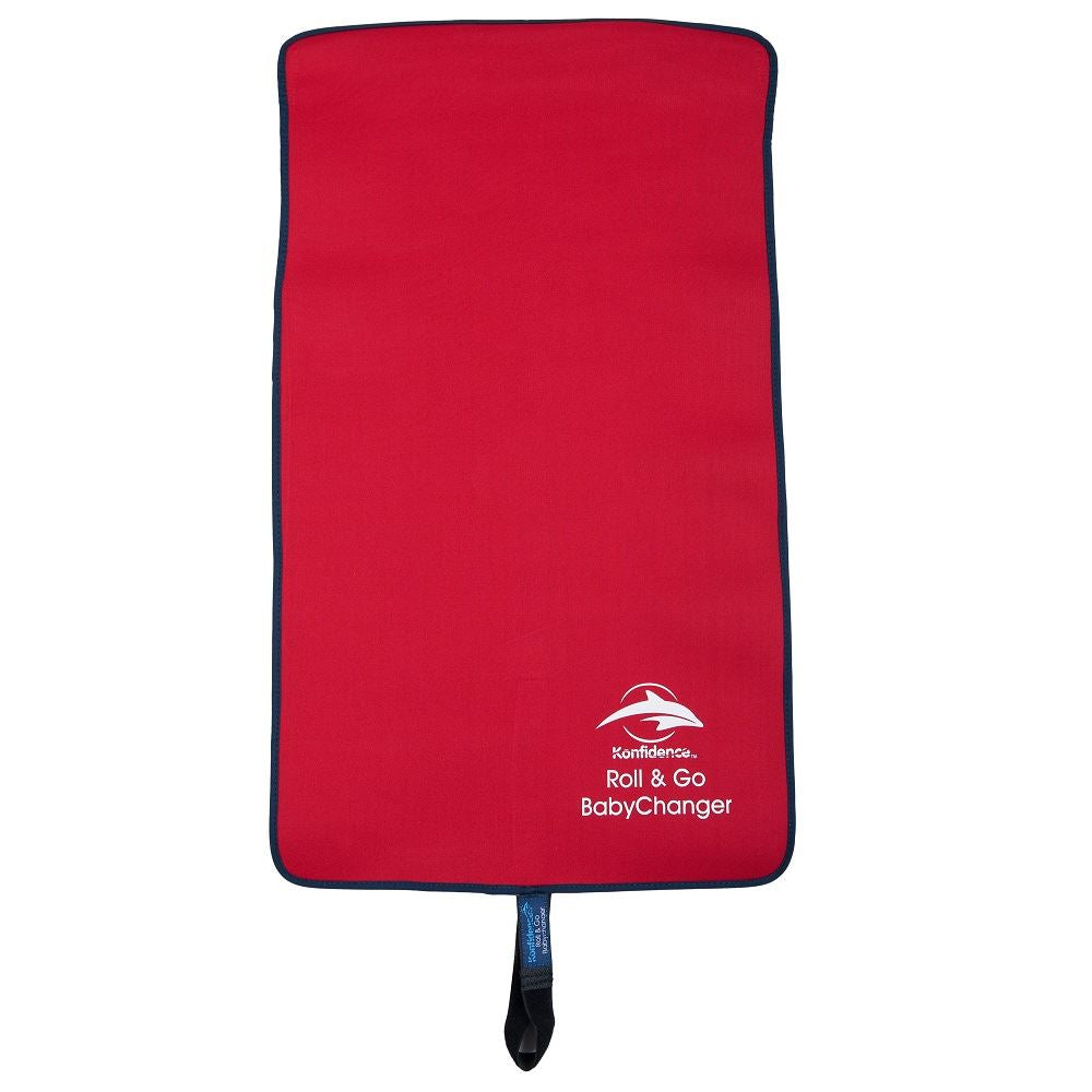 Vibrant red Konfidence Roll & Go Baby Changing Mat, soft neoprene with non-slip backing and easy-clean design for on-the-go parents.