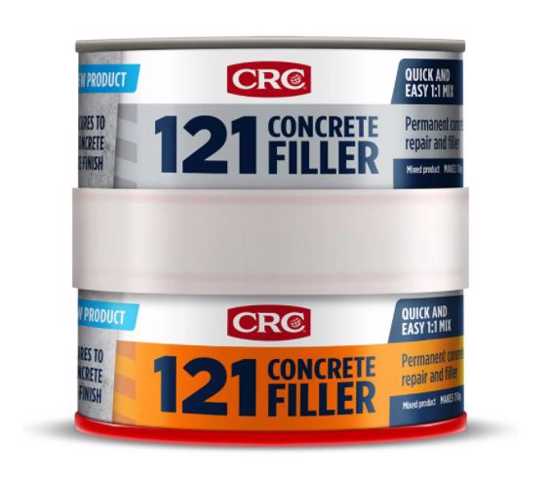 "CRC 121 Concrete Filler 750g: Two-part epoxy for permanent watertight repairs on concrete, brick, and plaster surfaces."