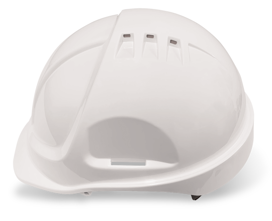 Armour Vented ABS Hard Hat featuring a full brim, adjustable harness, and water drainage lip for optimal safety and comfort.
