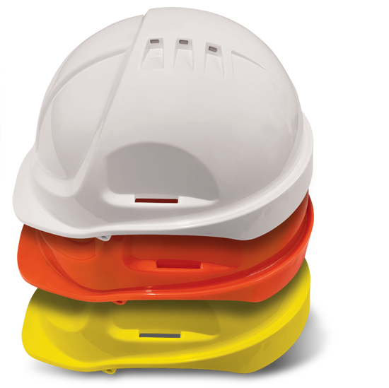 Vented ABS hard hat with full brim, ratchet adjustment, and sweat band for comfort and safety in hazardous environments.
