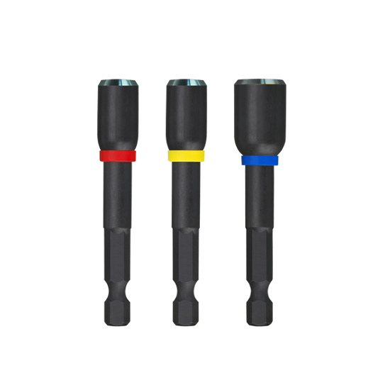 Milwaukee Shockwave Magnetic Nut Driver Set featuring strong magnet, color-coded sizes, and chamfered edge for tight space use.