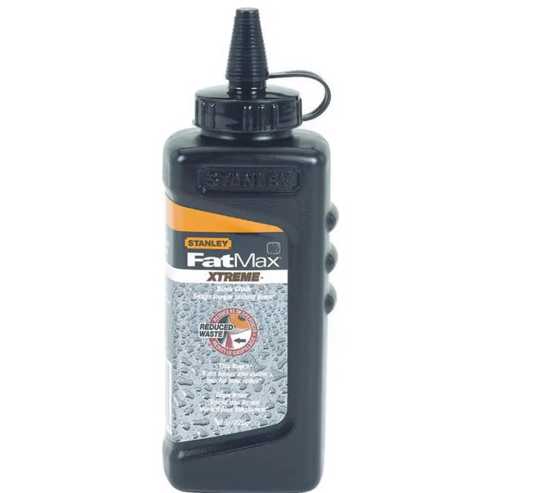 Stanley Fatmax Pro Black Chalk 227g/8oz, waterproof, square bottle design to prevent rolling, ideal for sharp, lasting lines.