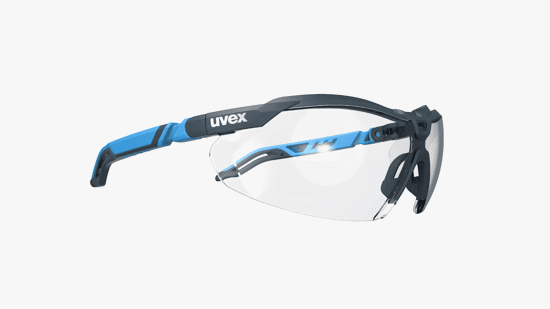 Uvex i-5 Safety Spectacles in anthracite and blue, featuring adjustable arms, anti-fog lenses, and chemical resistance.