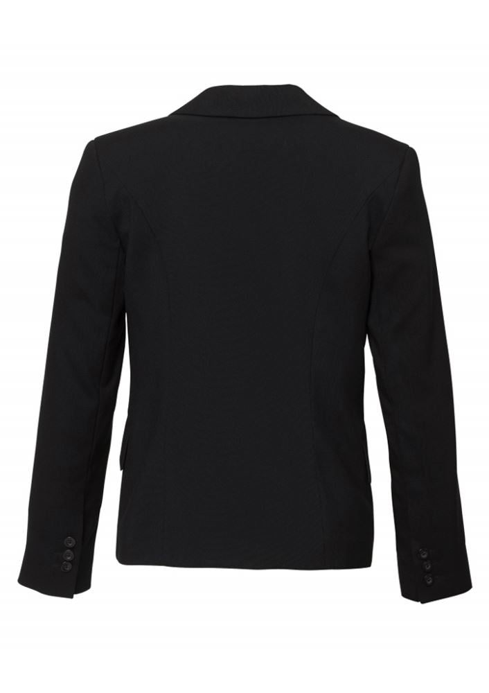 Ladies short-mid length black jacket from Biz Collection, featuring pockets and breathable fabric, stylish for any occasion.