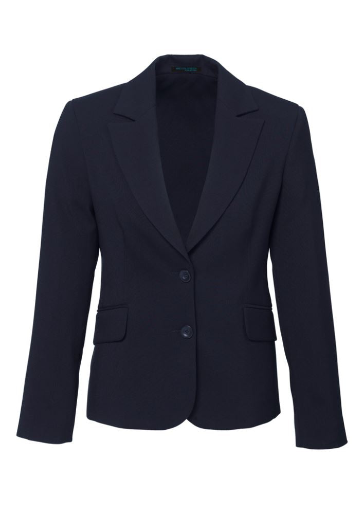 Navy ladies short-mid length jacket by Biz Collection, featuring pockets, breathable fabric, and perfect for work or leisure.