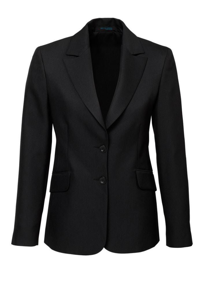 Ladies Longline Jacket in Black, size 24, featuring lightweight fabric, internal pocket, and elegant design for versatile wear.