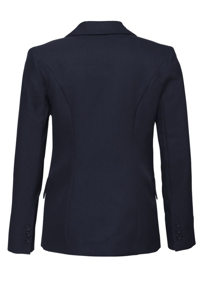 Navy longline jacket for women, size 12, featuring internal pockets and a stylish, versatile design from Biz Collection.