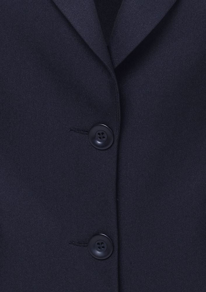 Ladies longline black jacket in size 16, featuring a chic silhouette, phone pocket, and durable fabric for versatile wear.