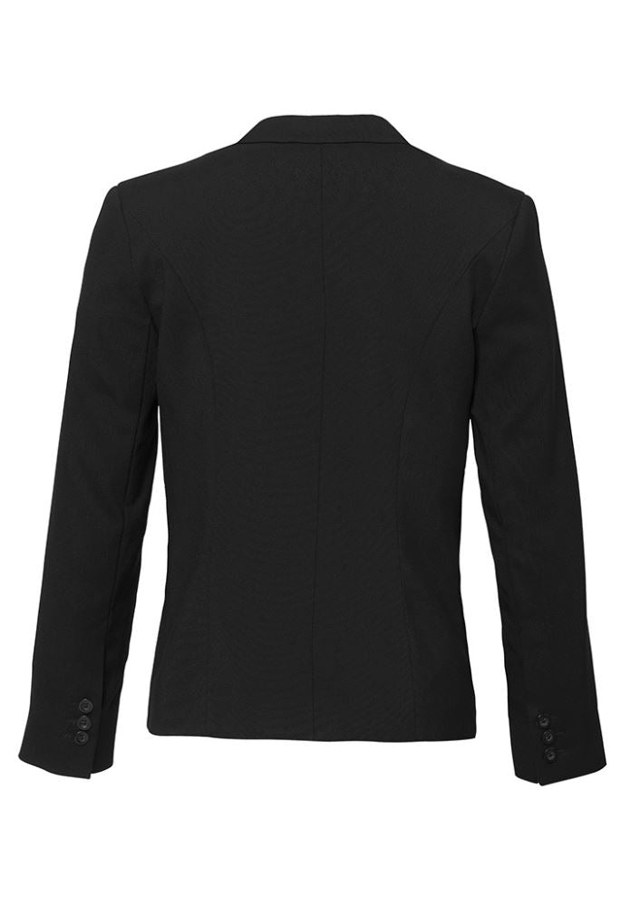 Ladies black short jacket with reverse lapel, featuring a chic design, internal mobile pocket, and lightweight fabric. Size 18.