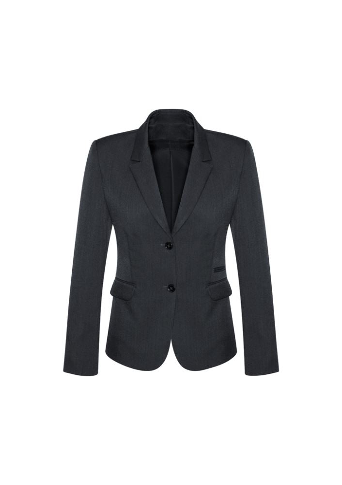 Ladies charcoal mid-length jacket with tailored silhouette, two front pockets, and refined design from Biz Collection.