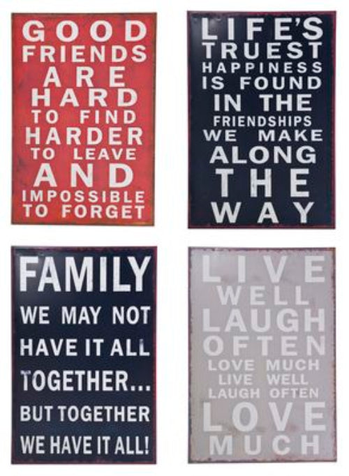 Vintage metal wall art featuring the inspirational phrase "Live Well, Laugh Often, Love Much," ideal for home decor.