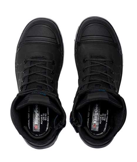 Black KingGee Quantum K27145 Zip Sided Boot in Size 5, featuring temperature regulation, shock absorption, and eco-friendly materials.