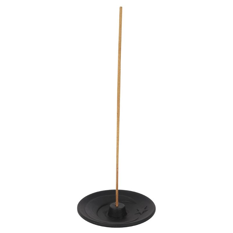 Black crescent moon terracotta incense plate, ideal for meditation, altars, or unique decor, measuring 2x9x9 cm.