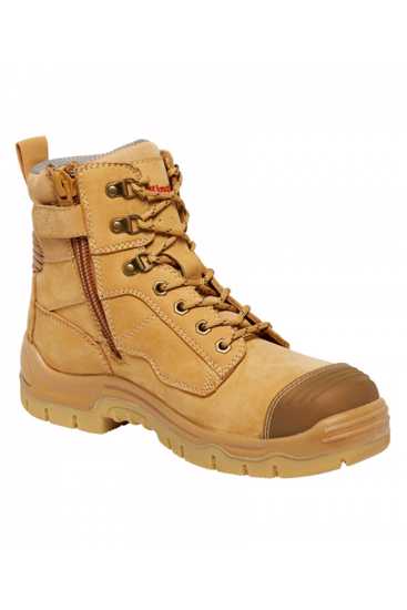 Zip sided safety boot in wheat, featuring composite toe cap, YKK zipper, memory foam footbed, and slip-resistant rubber outsole.