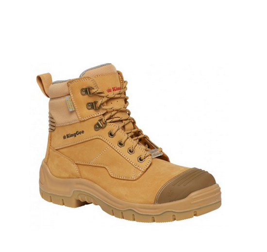 KingGee Phoenix K27980 Zip Sided Safety Boot in Wheat, durable nubuck leather, slip-resistant, composite toe, size 10.