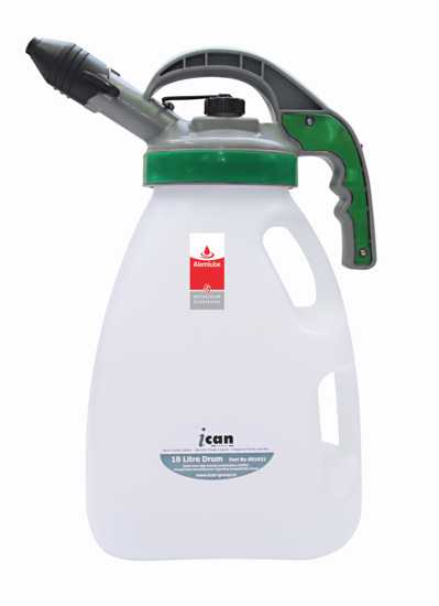 Alemlube iCan 10L Container with 6mm Pour Lid Kit, durable HDPE design, color-coded for easy fluid identification and dispensing.