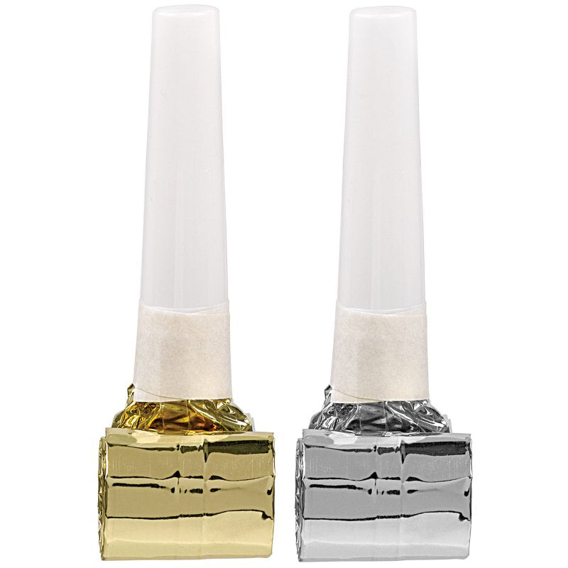 Silver and gold fringed blowouts, 44cm long, perfect for adding glamour to any birthday party, pack of 8.