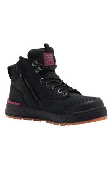 Women's black zip-sided boot by Hard Yakka, size 10, featuring water resistance, steel toe, padded heel, and comfort-focused design.
