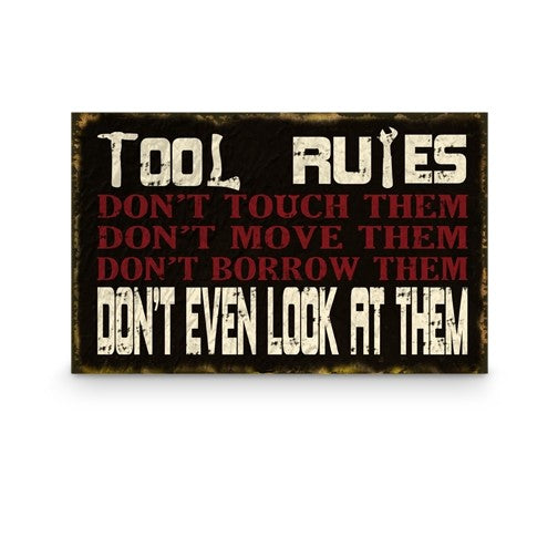 Vintage wooden plaque featuring tool rules, perfect for home or workshop decor, ready to hang with a rustic charm.