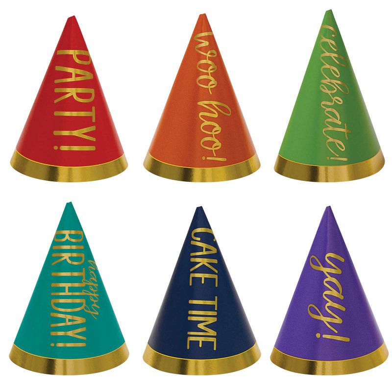 Mini Foil Party Hats - Cone Rainbow Colours (10cm) (Pack of 12)