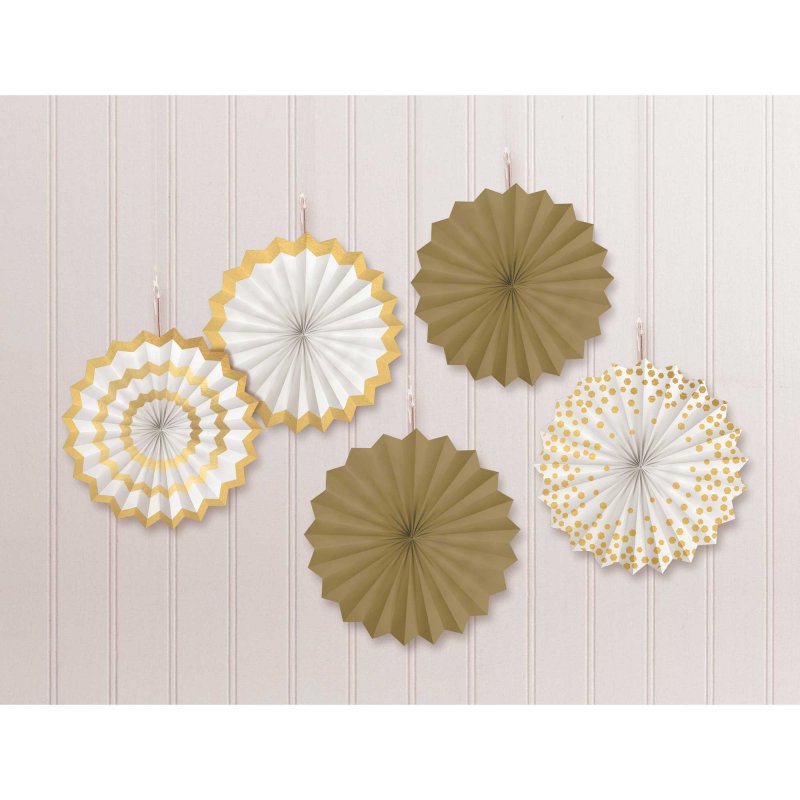 Hanging Decorations - Mini Paper Fans H-S (White/Gold) (Pack of 5)