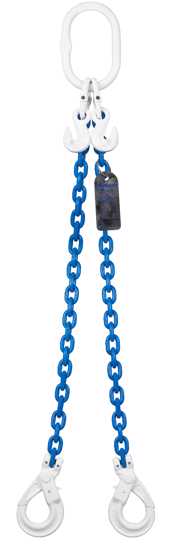 Heavy-duty Bullivants 2-leg chain sling, 8mm size, 4.3T limit, 2m long, with safety hooks for reliable lifting.
