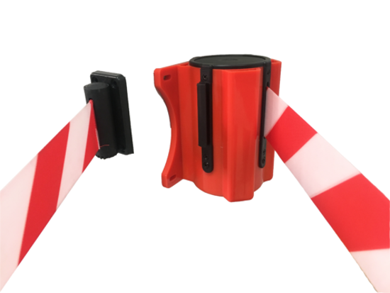 Wall mount retractable barrier with 5m tape, magnetic attachment, and durable red/white hazard tape for safety access control.