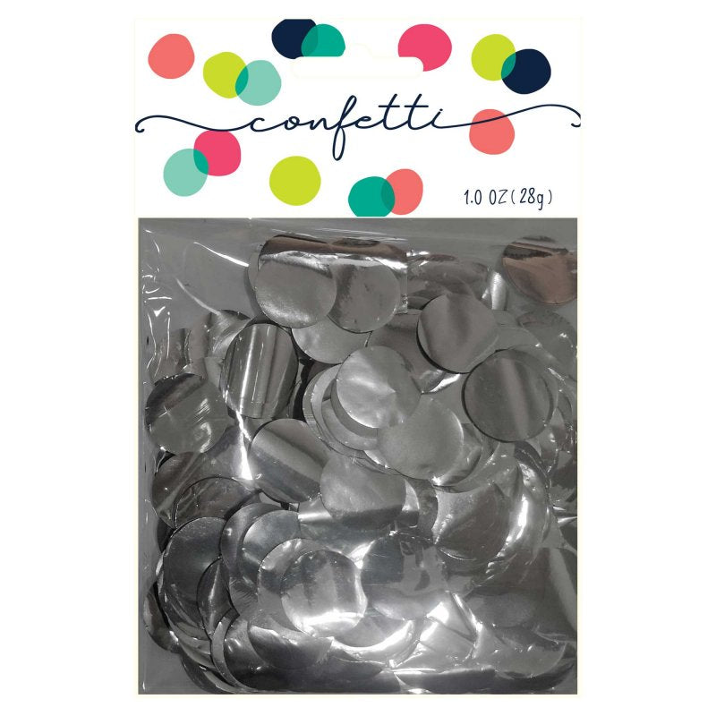 Silver metallic confetti circles (28g) for festive decor, perfect for parties, weddings, and craft projects.