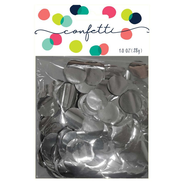 Silver metallic confetti circles (28g) for festive decor, perfect for parties, weddings, and craft projects.